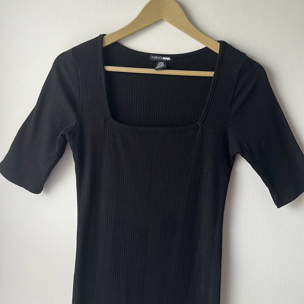 Fashion Nova Black Square Neck Ribbed Midi Bodycon Dress